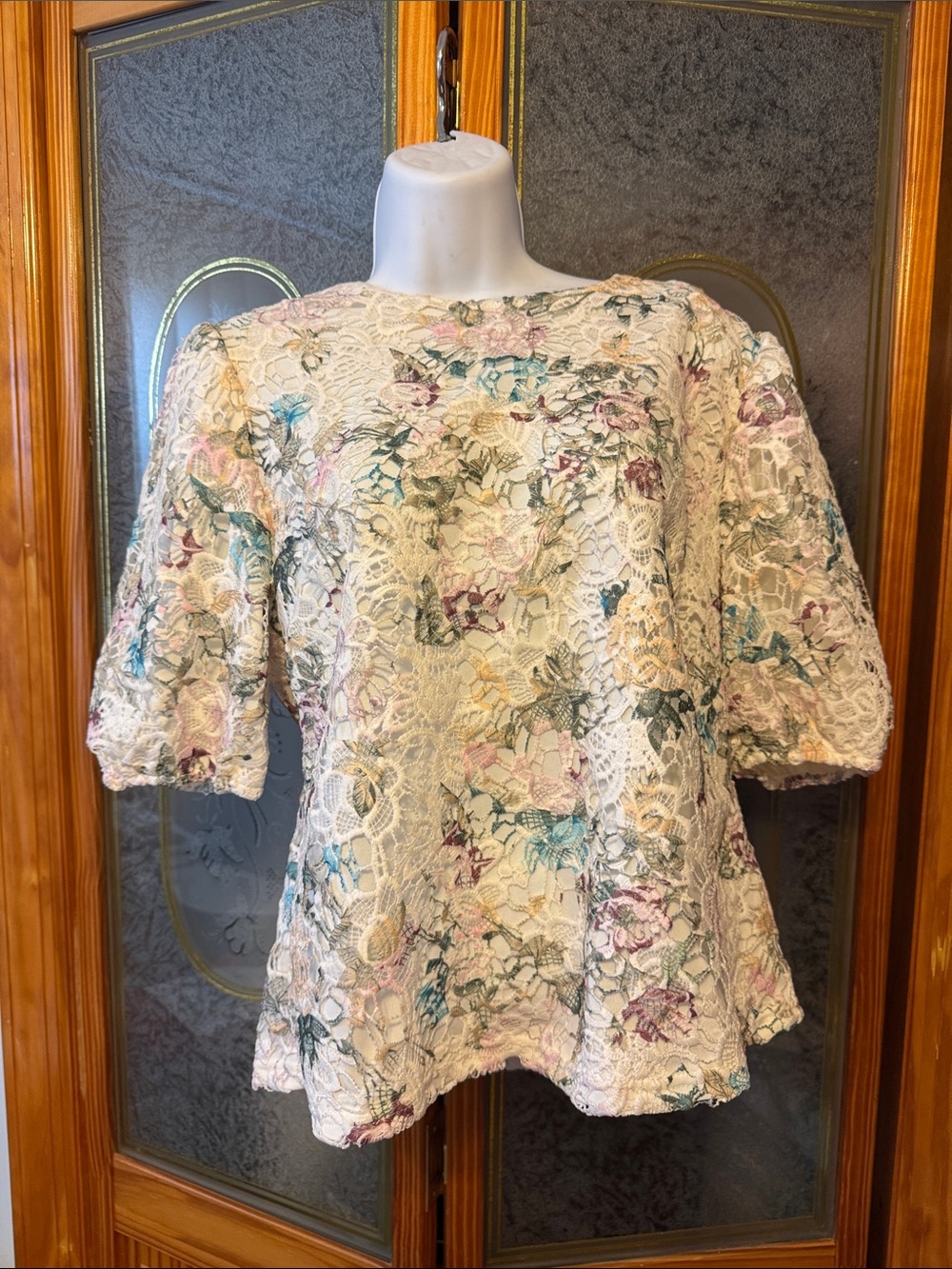 Nanette Lepore Cream Floral Lace Puff-Sleeve Blouse